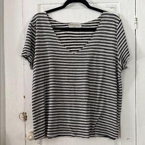 Project Social T Gray and White Striped V-Neck Short Sleeve Tee
